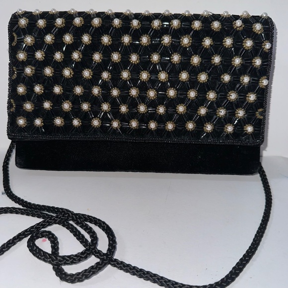 Vintage Black Beaded & Pearl Evening Clutch – Elegant Crossbody Formal Purse - Picture 1 of 4